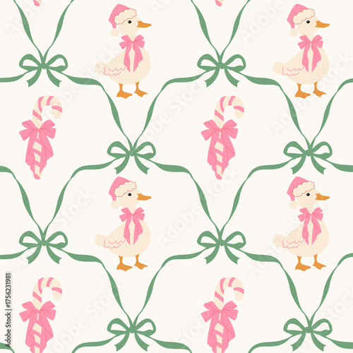 Cute Christmas seamless pattern with duck, bows and candy canes. Coquette holiday design for wrapping paper, wallpaper, fabric, and background