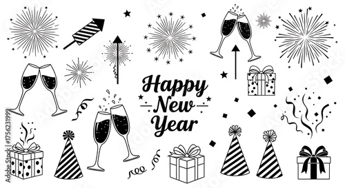 A black and white doodle illustration for new years eve, featuring fireworks, champagne glasses, party hats, gifts, and confetti, with the text happy new year in the center