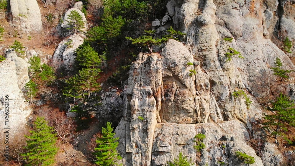 Obraz premium Scenic aerial view of ghost valley rock formations in crimea. Media