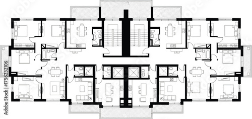 Multi-unit apartment floor plan, symmetrical residential layout, architectural blueprint, central corridor, stairwell, elevators, interior design, housing, planning, construction