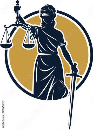 Blindfolded Lady Justice moral force in judicial systems with a scale and sword icon logo vector illustration 