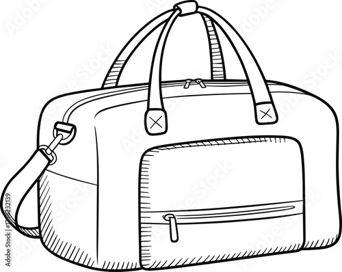 Duffel bag, travel gear, gym bag, shoulder strap, zipper pocket, carry handles, luggage icon, sports bag, flat vector illustration