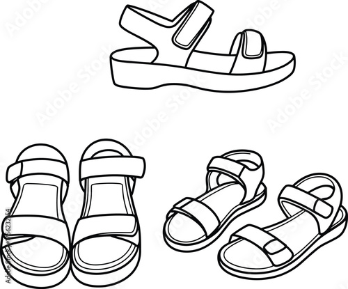Flat vector illustration, black and white sandals, footwear design, fashion accessories, summer shoes, ankle strap, top view, side profile