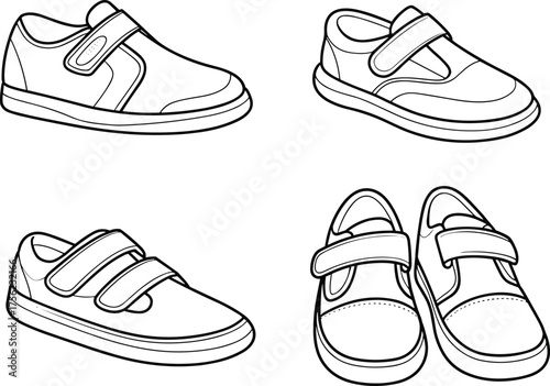 Flat vector illustration, children’s shoes, Velcro strap footwear, black and white line art, top view, side view, shoe design template