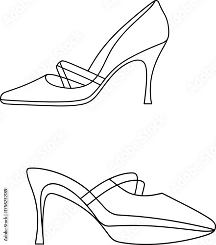 High heel shoe sketch, fashion footwear design, elegant stiletto outline, stylish women's heels, trendy accessories, flat vector illustration