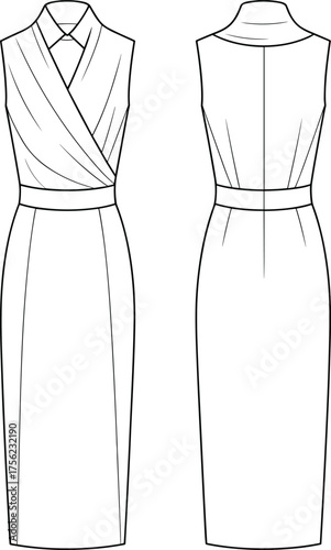 Sleeveless wrap dress sketch, pleated bodice design, fashion illustration, sewing pattern, technical garment drawing, front and back view, collar detail