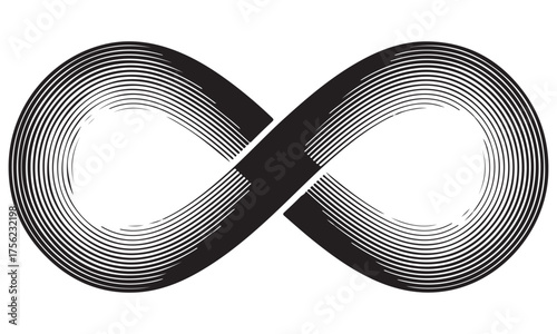 Stylized Black Infinity Symbol with Engraved Lines on White Background
