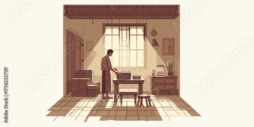 Vintage illustration of a solitary author at work, typing on a classic typewriter as morning light streams through the a window in his study