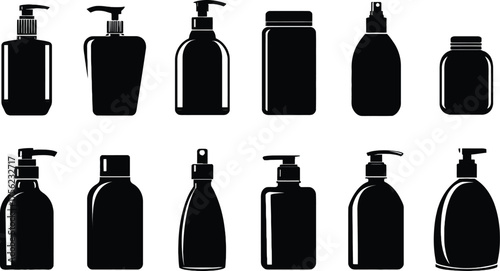Cosmetic, shampoo bottle silhouettes. Liquid soap, body lotion cream bottle silhouette vector collection. Shaving cream, skincare products icons 