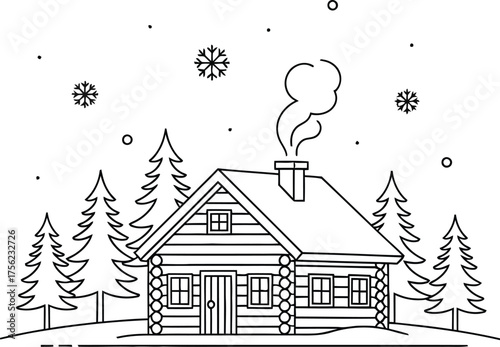 Cabin winter snow trees smoke chimney house log home forest cold season