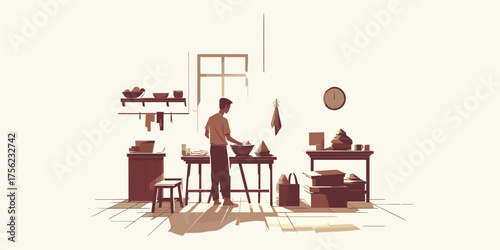 Man preparing food in a sunlit kitchen with various ingredients and utensils, vintage style