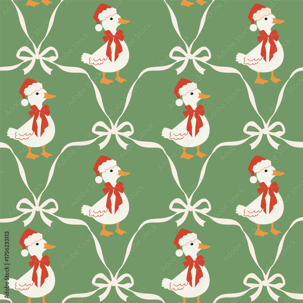 Fototapeta premium Cute Christmas seamless pattern with duck and bows. Coquette holiday design for wrapping paper, wallpaper, fabric, and background