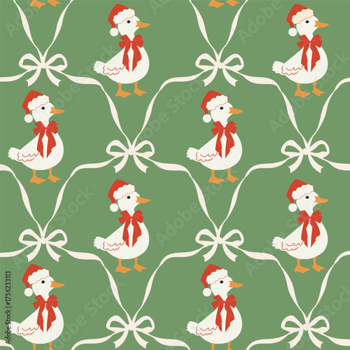 Cute Christmas seamless pattern with duck and bows. Coquette holiday design for wrapping paper, wallpaper, fabric, and background