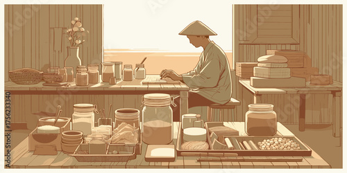 A serene illustration of a person in a traditional hat meticulously preparing ingredients at a rustic counter, surrounded by jars and bowls