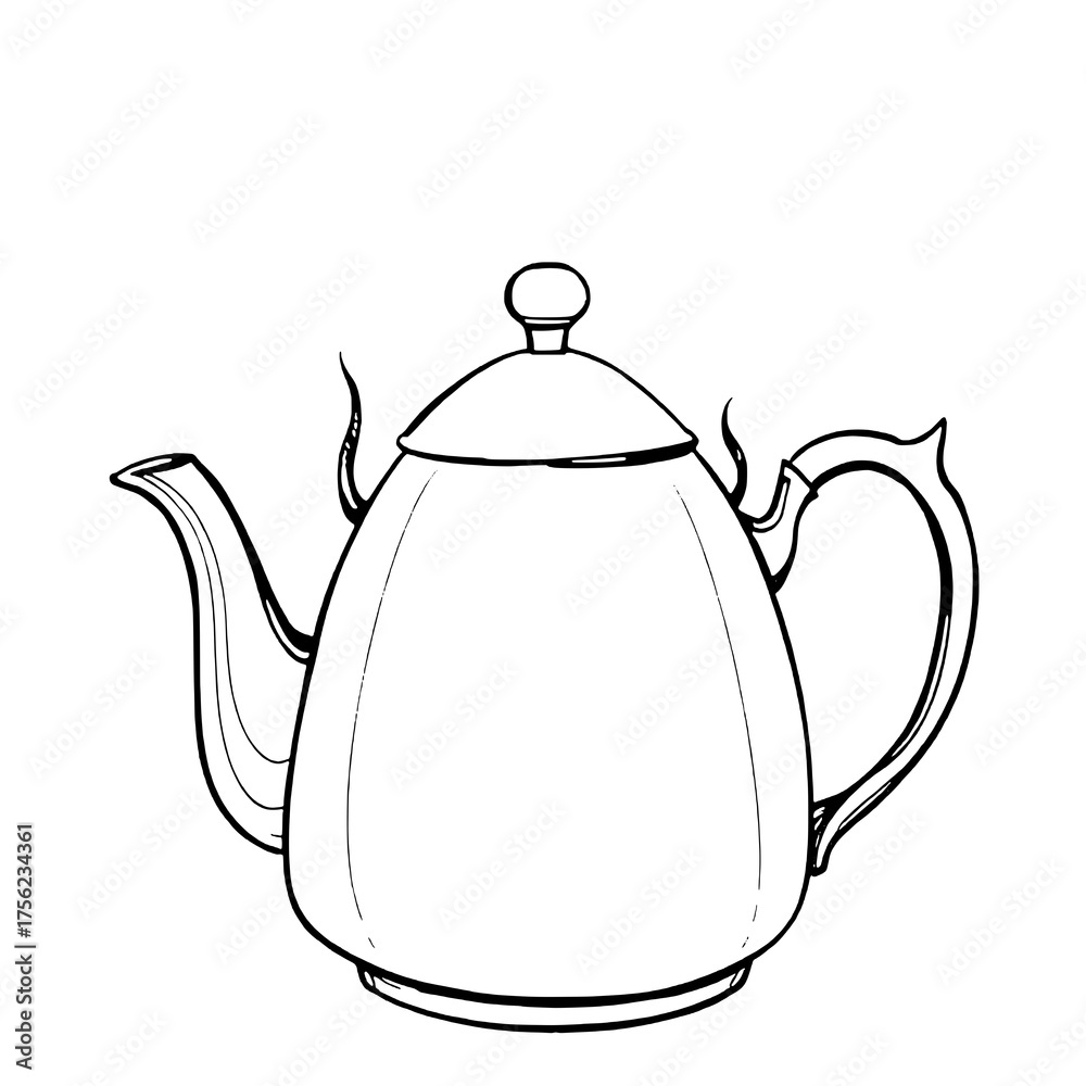 Obraz premium Single Black Outline Teapot Icon on White Background - Hand-Drawn Traditional Kitchenware Line Art