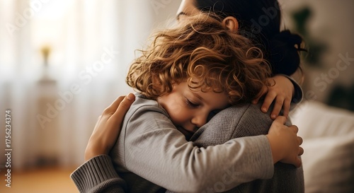 A tender moment: A young child with curly hair finds comfort and love as they are embraced in a warm hug by their mother indoors.