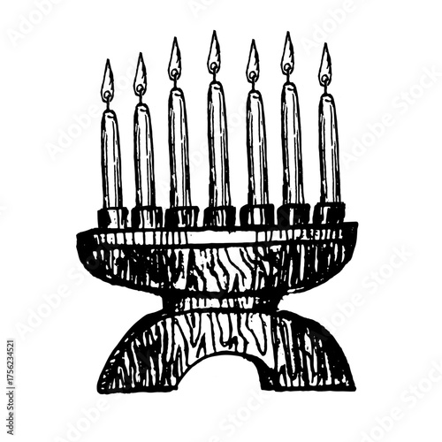 Hand drawn sketch of Kinara with candles. Traditional Kwanzaa holiday symbol in vintage engraving style. Black and white illustration of African festival candelabrum isolated on white.
