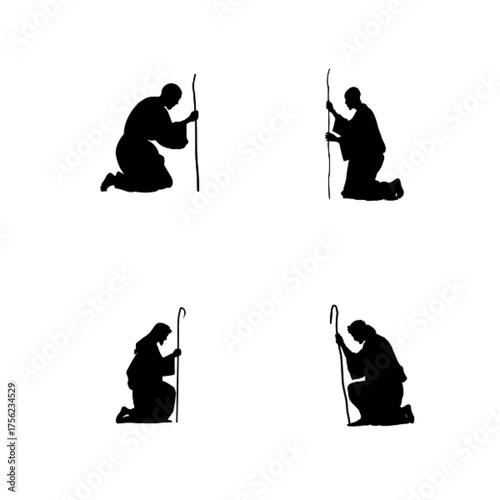 silhouette illustrations of a shepherd kneeling with a staff, isolated on white background, depicting a scene of reverence, faith, and traditional biblical imagery, suitable for religious themes 