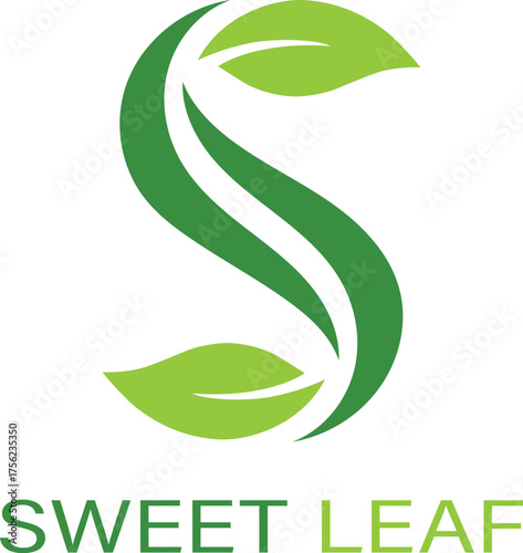 sweet leaf logo, letter s formed by green leaves, organic natural branding, healthy lifestyle vector 