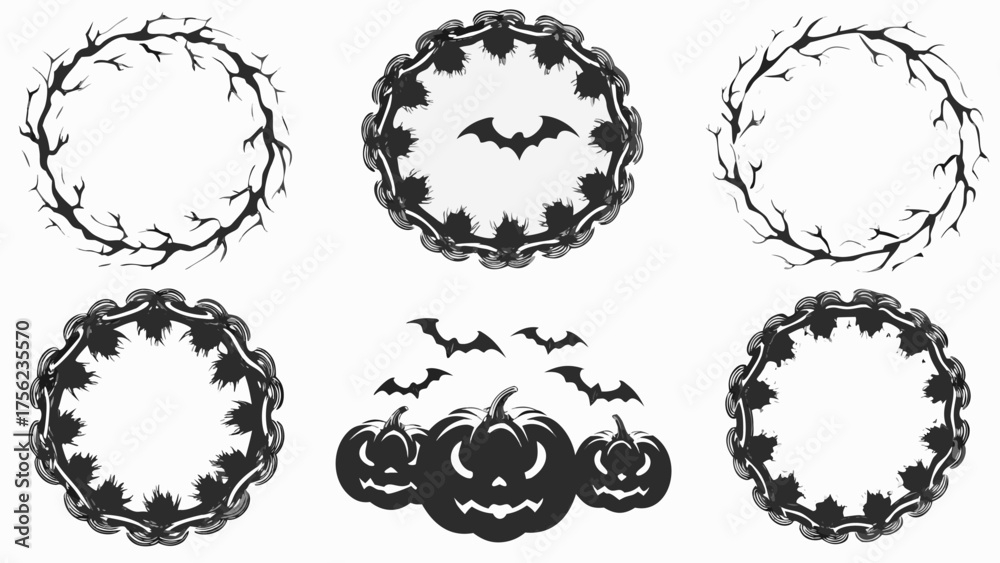 Obraz premium Illustration showing halloween themed designs including wreaths pumpkins and bats in a monochrome black and white theme silhouette