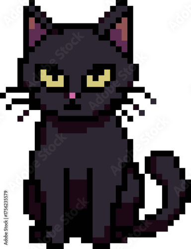pixel illustration of halloween black cat with yellow eyes