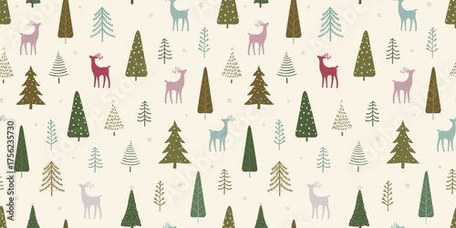 Beautiful christmas seamless pattern with deer and trees - hand drawn and detailed, great for christmas textiles, banners, wrappers, wallpapers - vector surface design