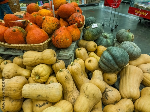 Ripe pumpkins of green, yellow and orange colors on a supermarket shelf awaiting customers