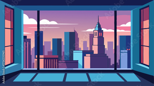 A city view from a floortoceiling window in a highrise apartment.