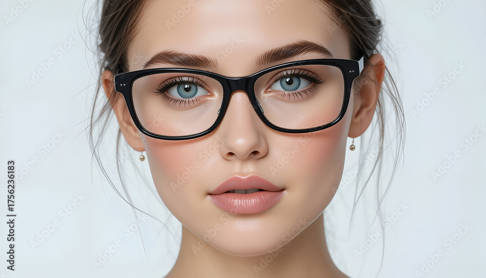 Fototapeta premium Young woman with glasses showcasing a confident expression, highlighting her beauty and intelligence in a soft, neutral background
