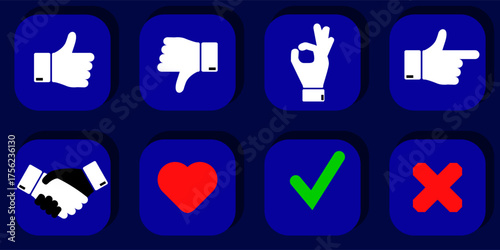 Vector flat icons.Fingers up and down,handshake,simple gestures and signs, to evaluate users of social networks, mobile and computer applications, websites, online stores.
