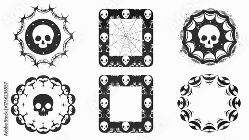 Collection of halloween themed frames featuring skulls and spiderwebs in a black and white illustration silhouette