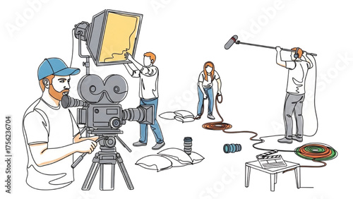 Colorful Continuous Line Drawing of Film Crew Working on Movie Production Set with Cameras, Lights, and Audio Equipment – Teamwork and Creativity in Filmmaking