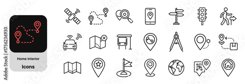 Location and Navigation Icons Set – GPS, Map, Direction, Travel Route, and Position Pin Outline Icon Collection for Web, App, and Infographic Design.