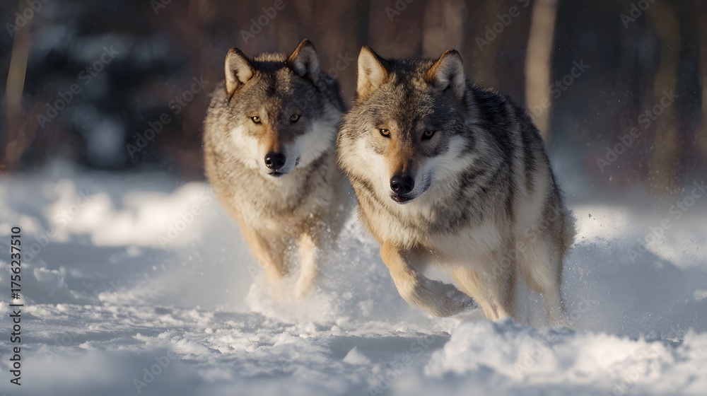 Naklejka premium Two wolves running through a snowy winter forest illuminated by warm sunlight