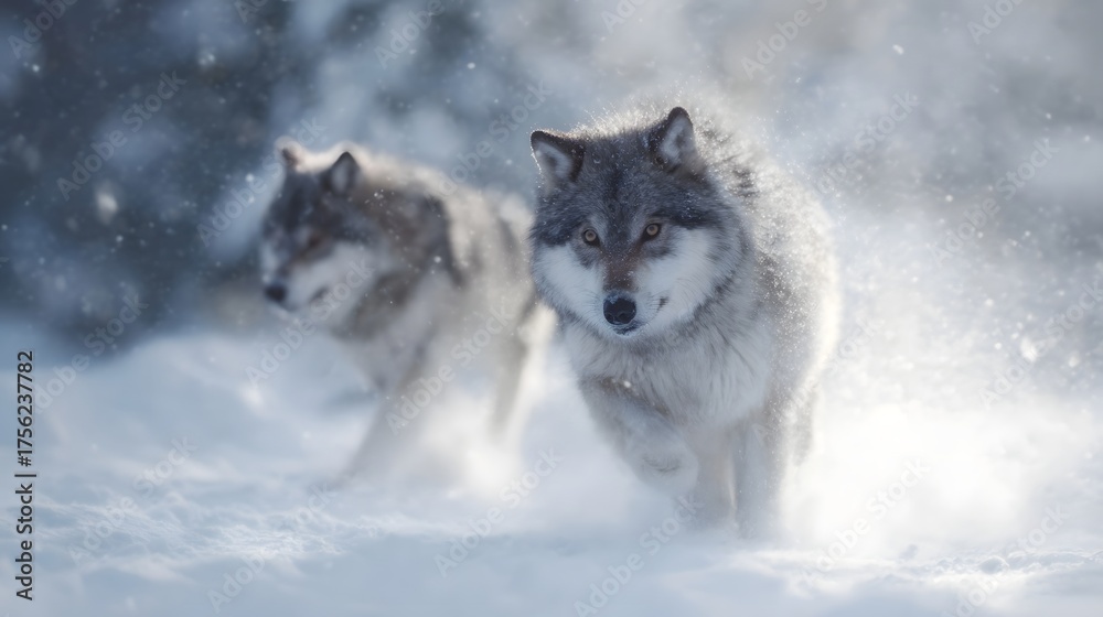 Fototapeta premium Two majestic wolves powerfully running through a bright snowy winter wilderness kicking up snow as light precipitation falls