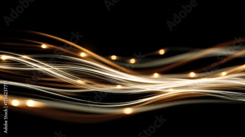 Abstract light trails with glowing orbs in dark bokeh background
