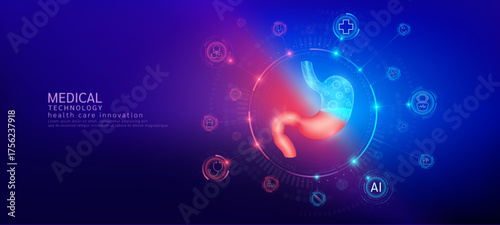Stomach realistic shape model with translucent polygon connection to the medical network icons. Innovation in digital smart science health care technology. Banner vector.