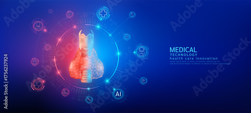 Thyroid gland realistic shape model with translucent polygon connection to the medical network icons. Innovation in digital smart science health care technology. Banner vector.