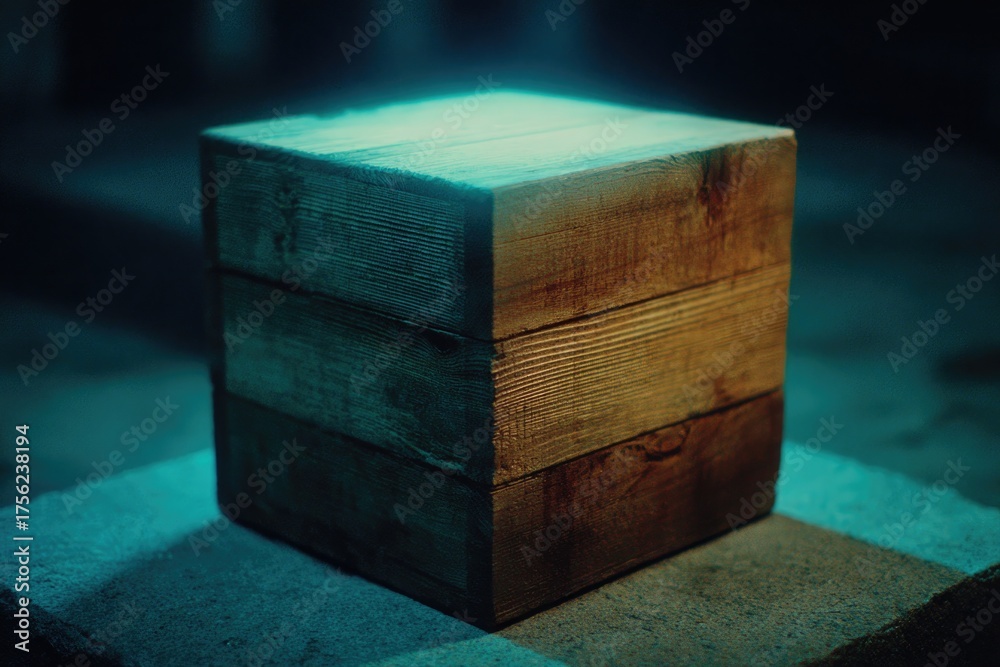 Fototapeta premium Illuminated wooden block resting on surface, casting mysterious glow around