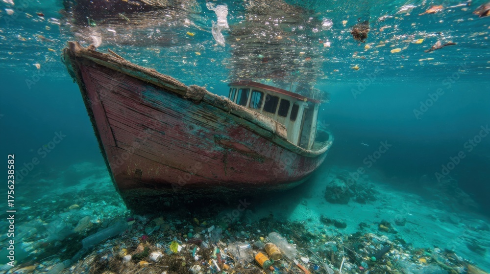 Obraz premium A submerged, weathered boat rests on a debris-laden sea floor, illustrating the impact of pollution on marine environments.