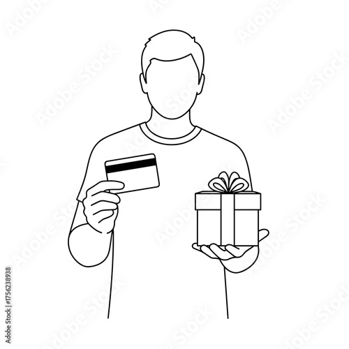 Man holding credit card and gift box with ribbon in outline style  