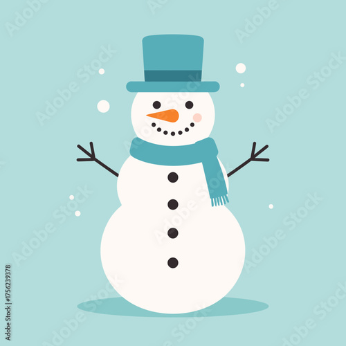 Charming winter snowman character illustration with a blue hat and scarf, surrounded by falling snowflakes on a light blue background, perfect for holiday season designs and festive greetings
