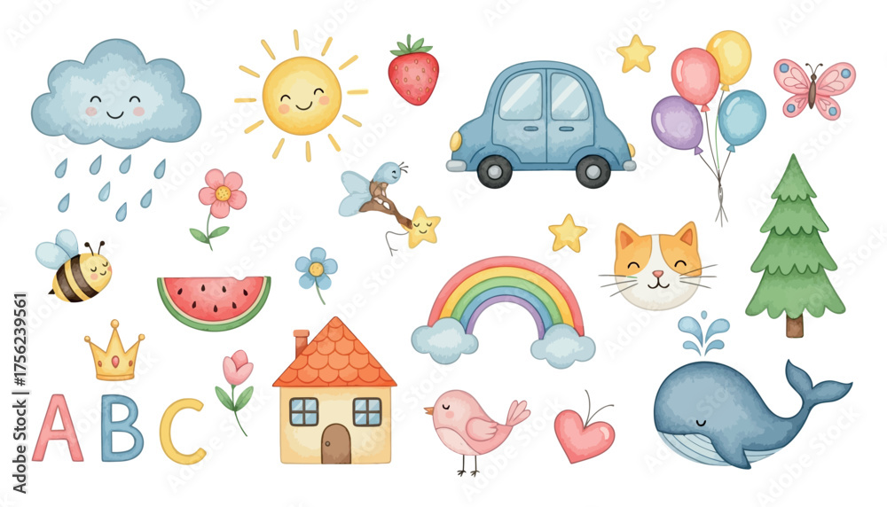 Obraz premium Vector art of cute watercolor illustration of various elements for children, including a smiling cloud with rain, a happy sun, a strawberry, a blue car, balloons