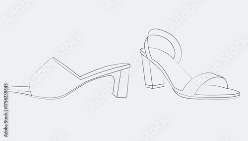 Hand-drawn two women’s high heel sandals, a chunky mule, and a strappy block heel. Clean, modern, and elegant line art for fashion design.