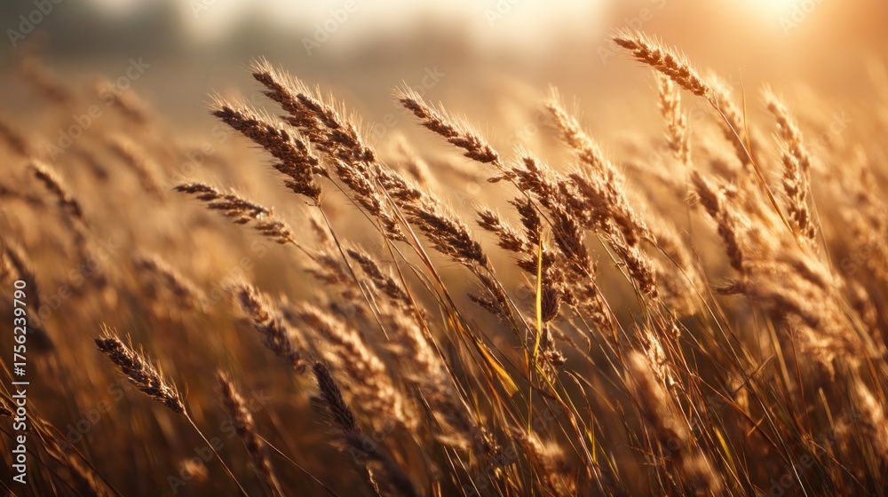 Fototapeta premium A golden field of tall grasses sways gently in the breeze, illuminated by soft sunlight during the golden hour.