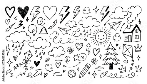 Vector art of collection of handdrawn doodle elements including hearts, lightning bolts, clouds, sun, house, tree, kite, pencil, and arrows