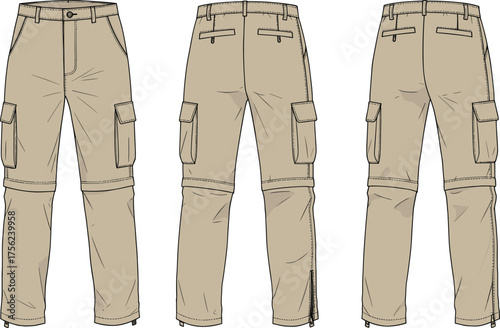 Men cargo pants front and back technical fashion sketch, casual outdoor utility trousers CAD flat vector drawing illustration design