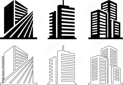 Skyscraper and Office Building Icons Set - Solid and Outline Symbols for Real Estate and Corporate Business

