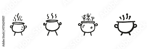 Cooking Pot Line Icon Set In Doodle Style. Culinary Preparation, Steaming, And Herb Infusion Outline Sketch Collection. Kitchenware And Cooking Process. Hand Drawn Isolated Vector Illustration