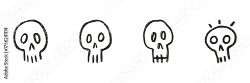 Skull Line Icon Set In Doodle Style. Halloween, Danger, And Mortality Symbol Outline Sketch Collection. Hand Drawn Isolated Vector Illustration